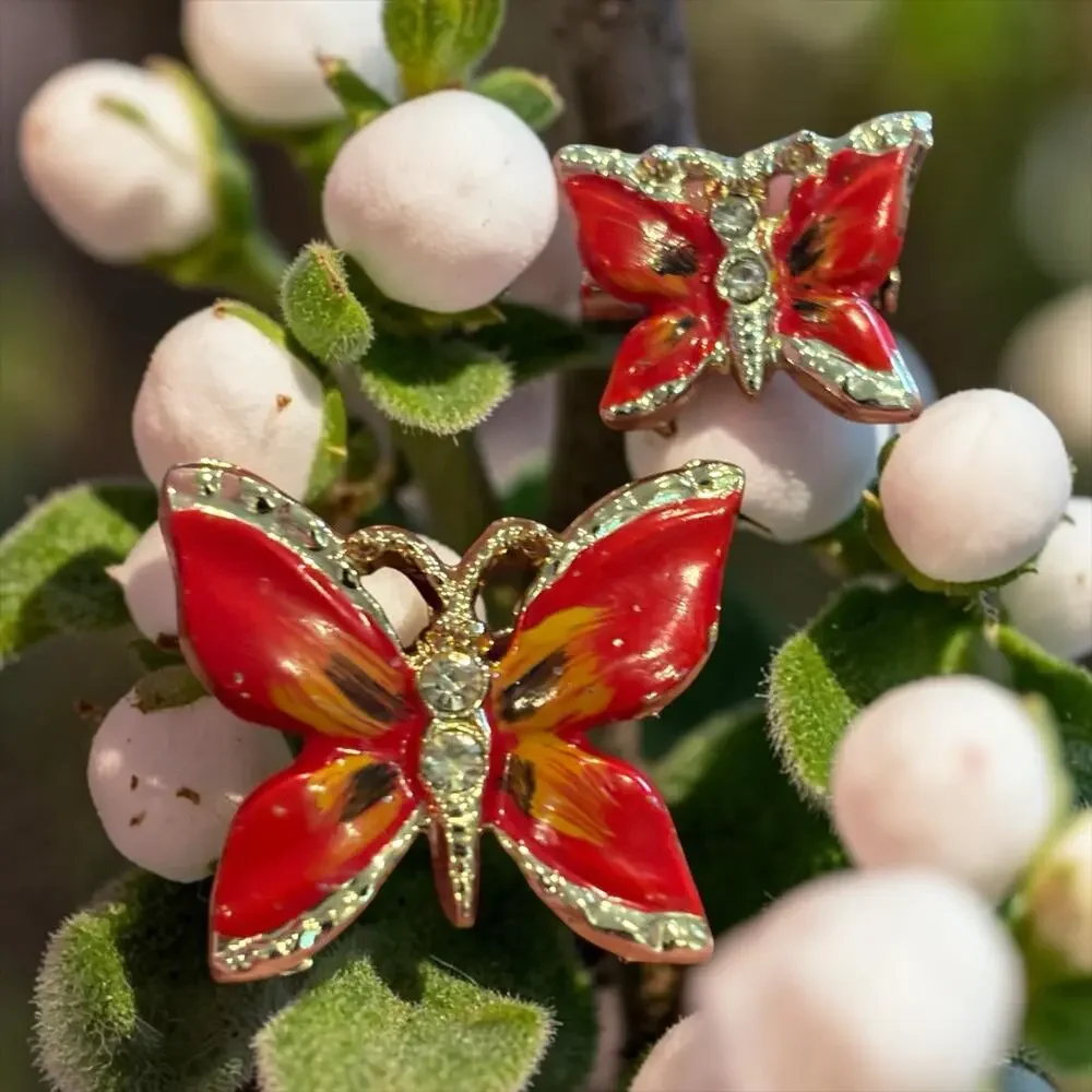 Vintage Red Enamel Butterfly Brooch Set Rhinestone Gold Tone Mother Daughter